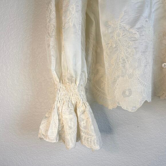 Taelynn Sheer Ivory Long Sleeve Button Down Blouse V Neck Ruffle Collar Sz Med - Picture 4 of 11